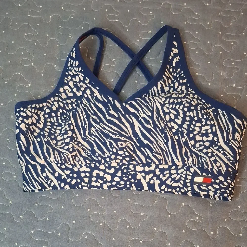Tommy Hilfiger Blue and White Sports Bra with Strappy Back size small